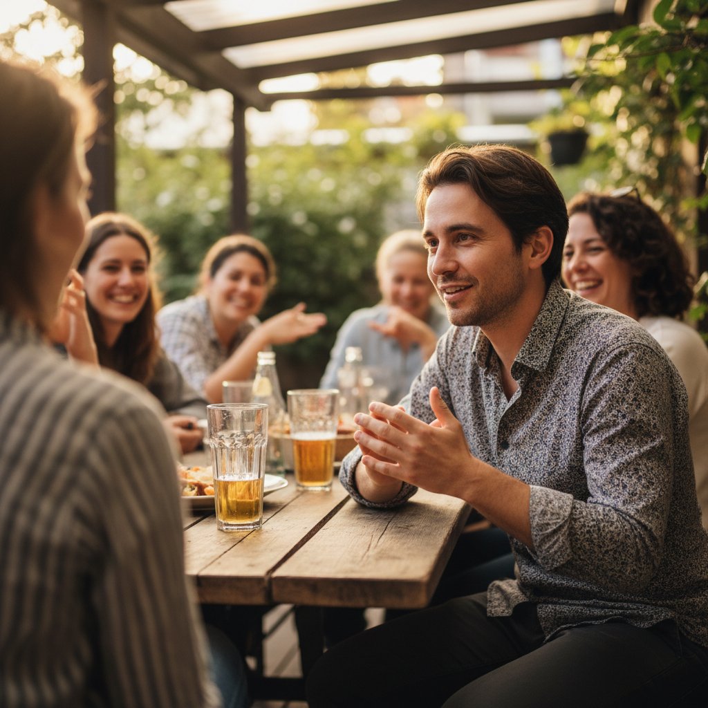 Przykład mikro-nawyku: osoba uważnie słuchająca rozmówcy podczas spotkania towarzyskiego