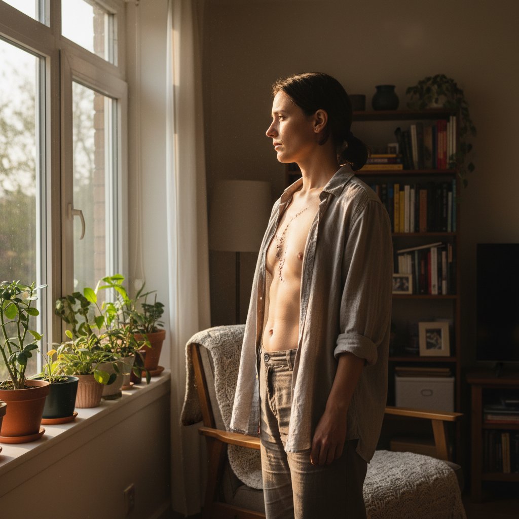 Osoba patrząca na bliznę po przeszczepie w domowym zaciszu, światło poranka