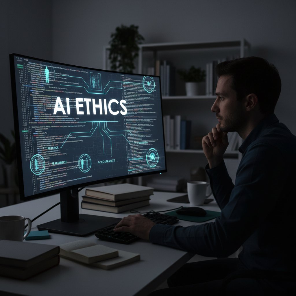 Osoba patrząca na ekran komputera z cyfrowymi kodami symbolizująca etykę AI