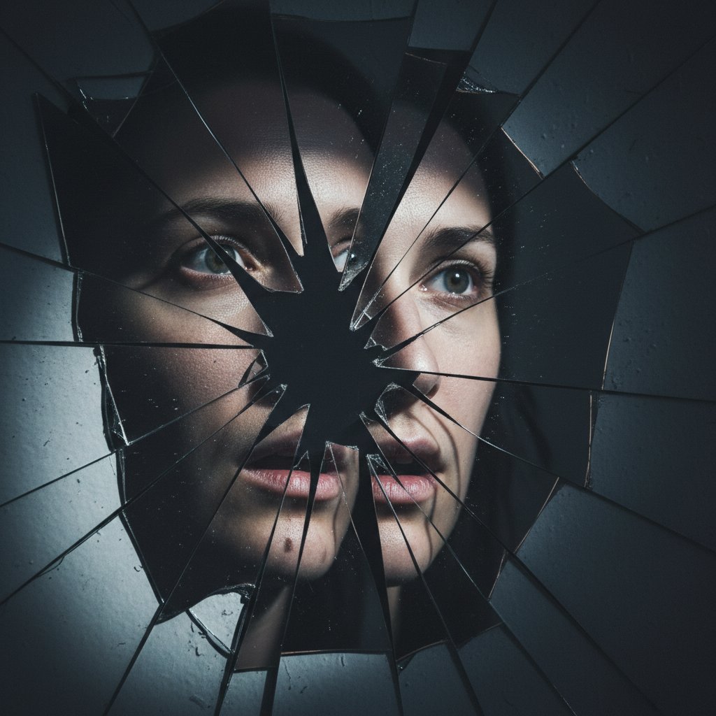 Osoba patrząca w popękane lustro – symbol refleksji nad własnym stylem atrybucji
