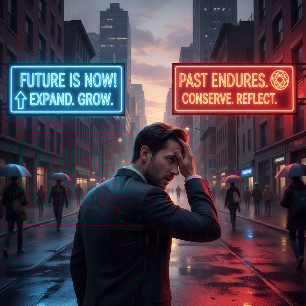 Osoba przy dwóch sprzecznych znakach na miejskiej ulicy, symbol dysonansu poznawczego