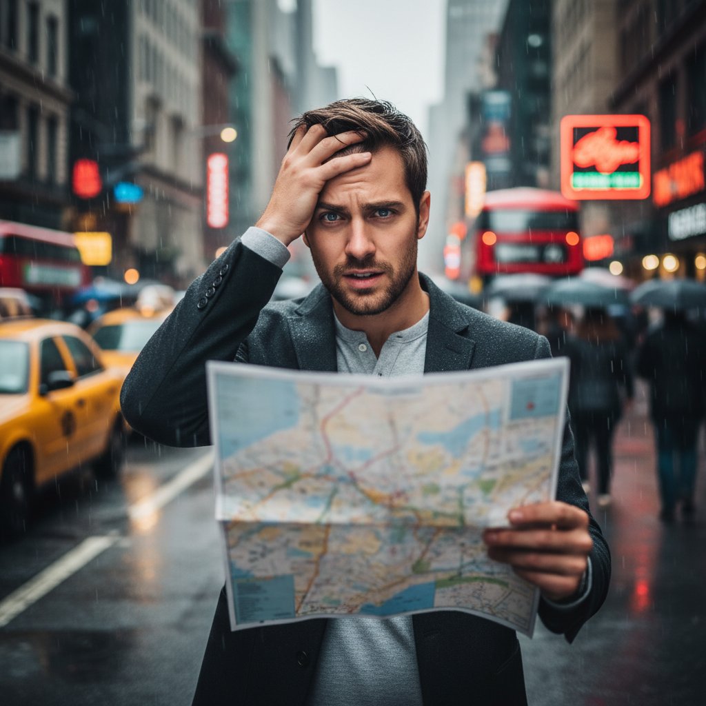 Osoba próbująca odnaleźć drogę na nieczytelnej mapie.