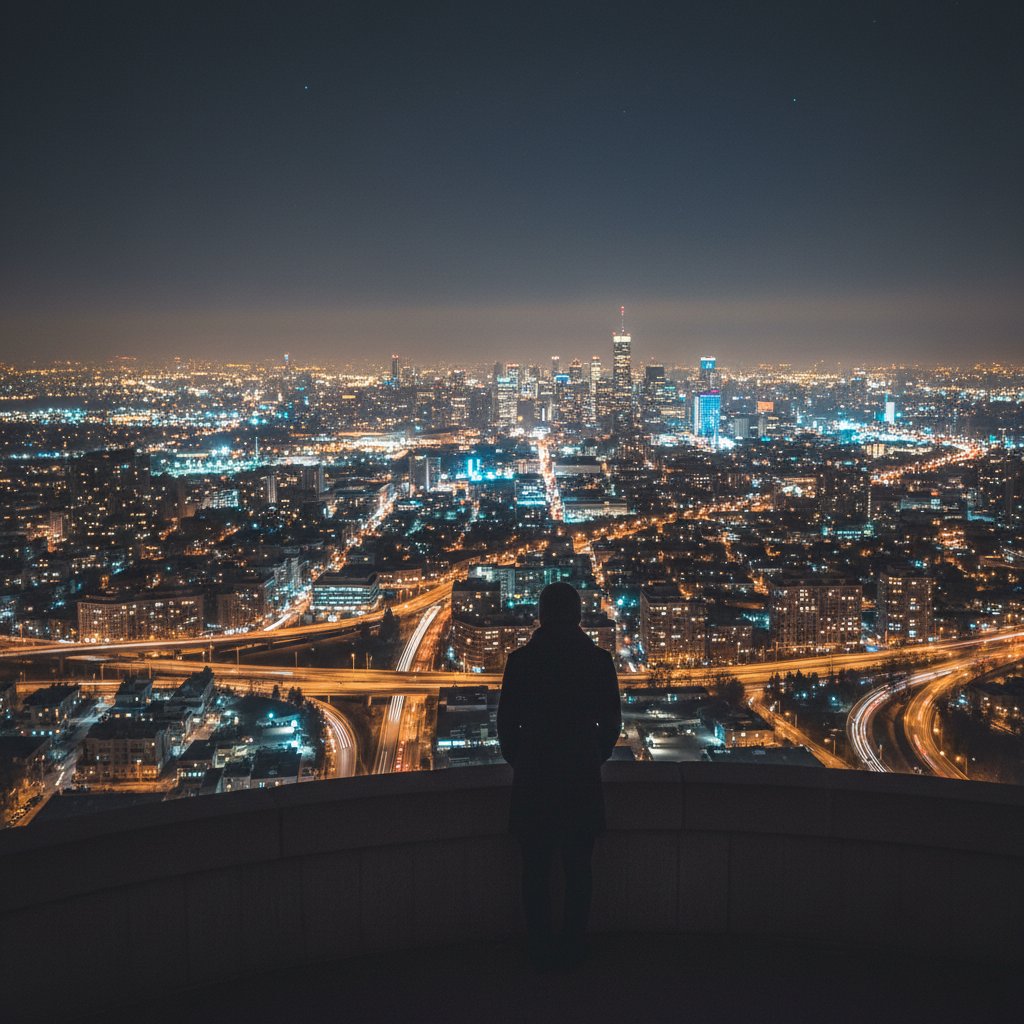 Nocny widok na panoramę miasta z samotną osobą patrzącą z okna – kryzys emocjonalny w Polsce
