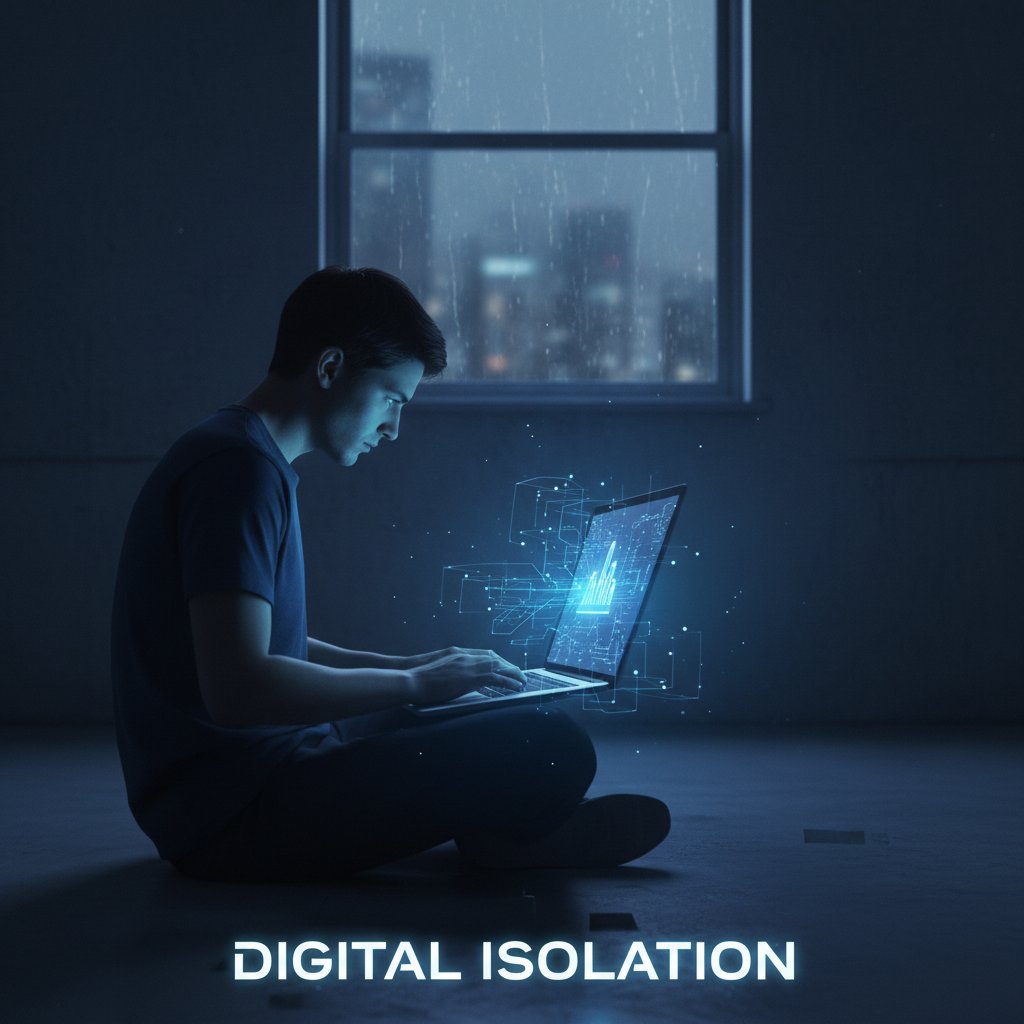 Osoba patrząca w ekran laptopa, brak kontaktu wzrokowego z drugą osobą, światło ekranu odbijające się na twarzy