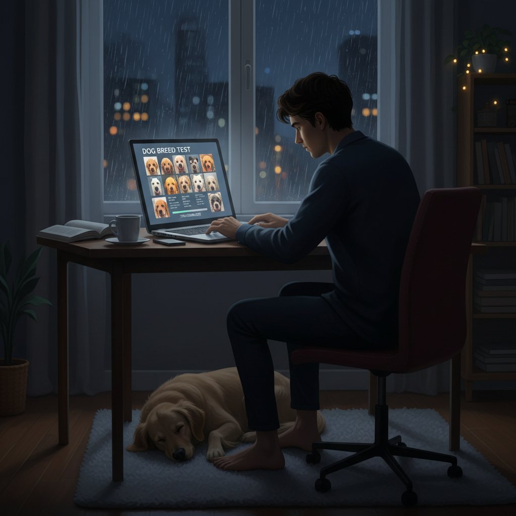 Młoda osoba wpatrzona w ekran z testem wyboru rasy psa, zamyślona mina, światło monitora podkreśla emocje