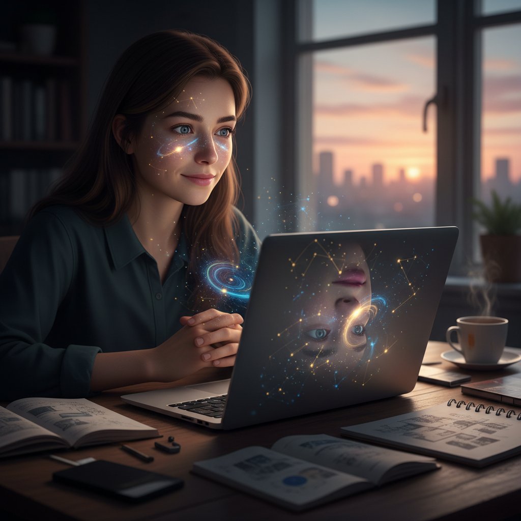 Osoba patrząca z refleksją na ekran laptopa, światło odbija się na twarzy, nastrojowy klimat, motyw inspiracji i nadziei