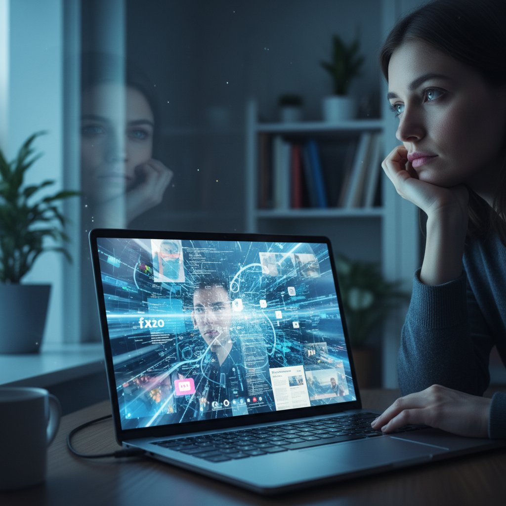 Osoba patrząca w ekran laptopa z zamyślonym wyrazem twarzy, symbol refleksji online