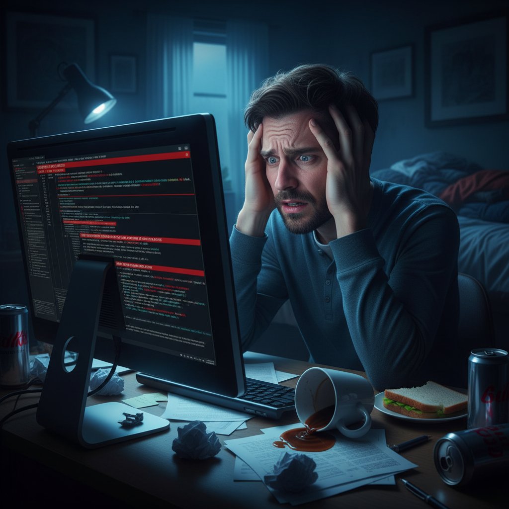 Osoba patrząca niepewnie na monitor z poprawkami – lęk przed oceną błędów