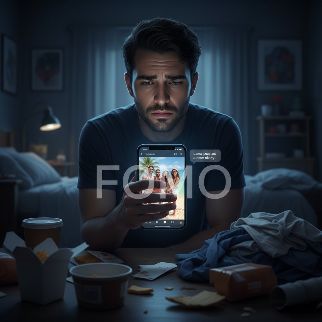 Osoba patrząca na ekran telefonu, zazdroszcząca idealnemu życiu innych z mediów społecznościowych.