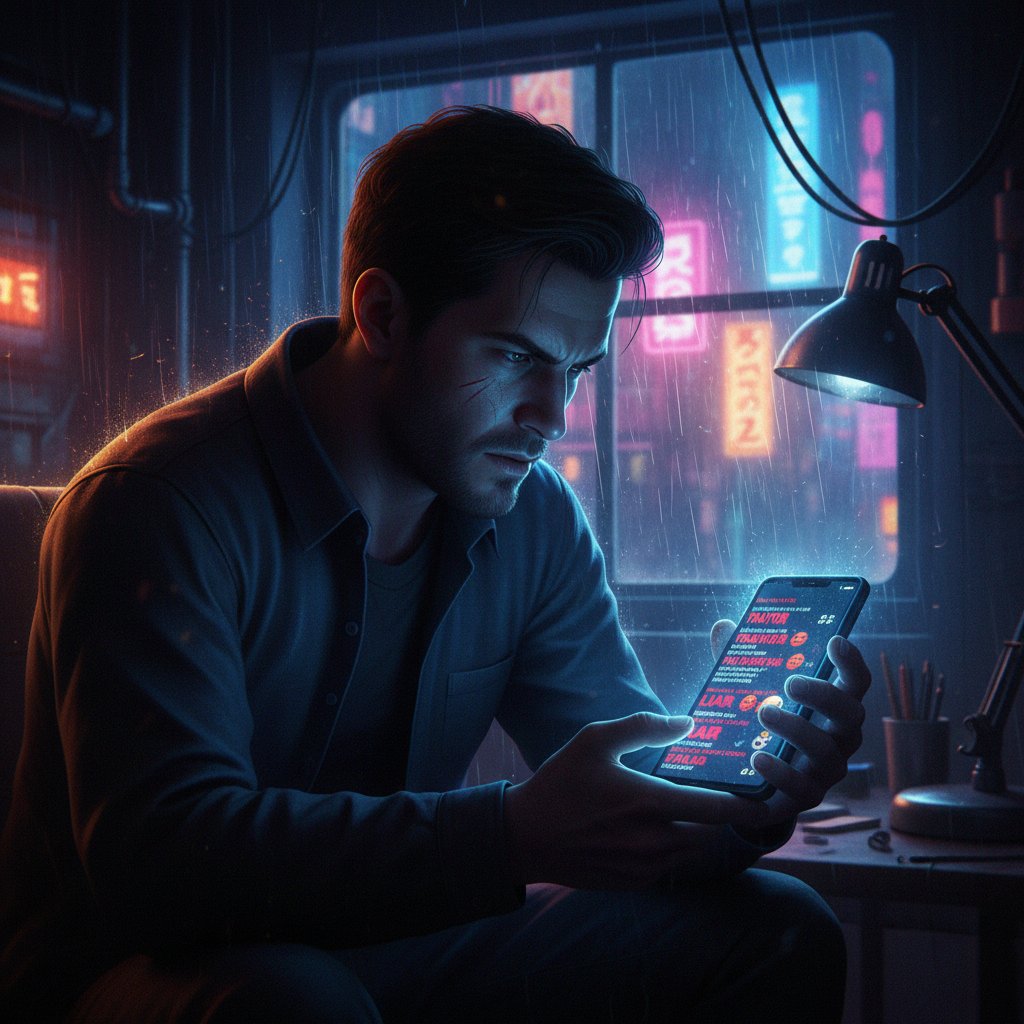 Osoba patrząca na telefon otoczona wrogimi komentarzami, styl cyfrowy noir