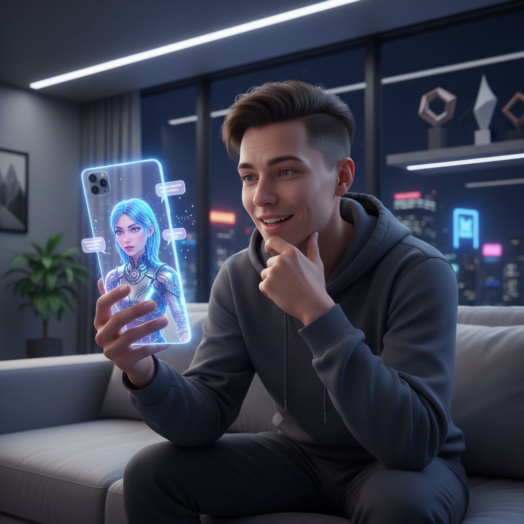 Osoba patrząca z zaciekawieniem na ekran telefonu, na którym wyświetla się konwersacja z wirtualnym celebrytą