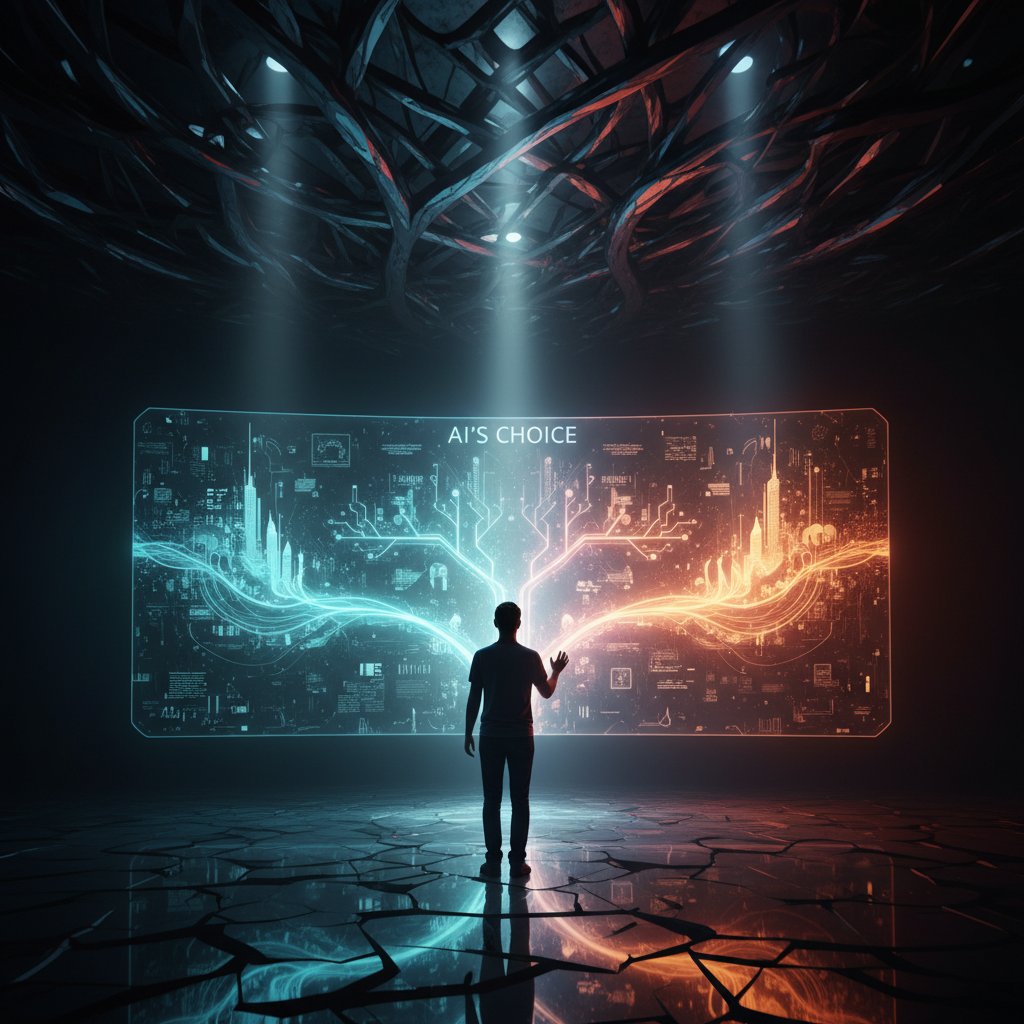 Osoba patrząca na ekran z AI, decyzja na rozdrożu, światło i cień, atmosfera wyboru