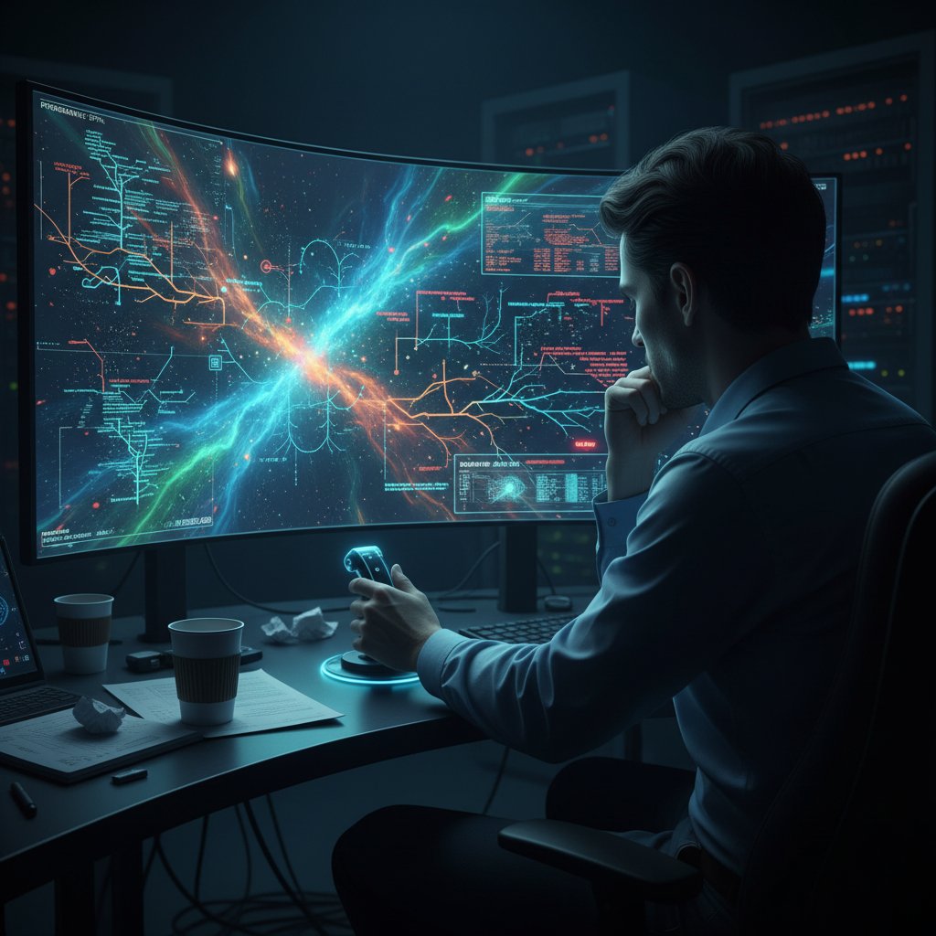 Osoba patrząca na ekran z symulacją, wyraźne napięcie, światło ekranu odbija się na twarzy, atmosfera niepewności