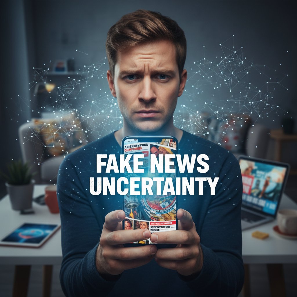 Zdjęcie ilustrujące fake newsy w mediach społecznościowych – młoda osoba patrzy na ekran smartfona z niepewną miną