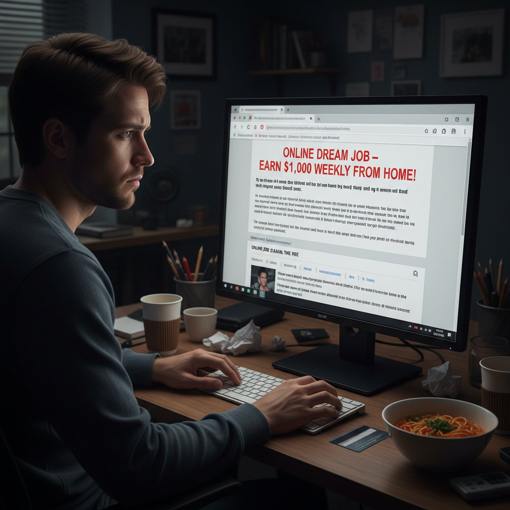 Osoba z nieufnością patrząca na podejrzaną ofertę pracy w e-mailu – rynek pracy online i zagrożenia oszustwami