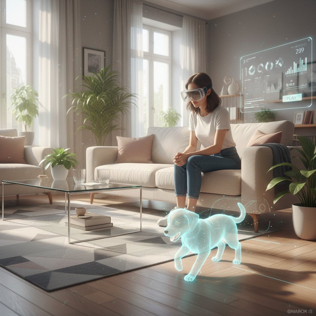 Osoba patrząca na wirtualnego psa w salonie za pomocą smartfona z AR