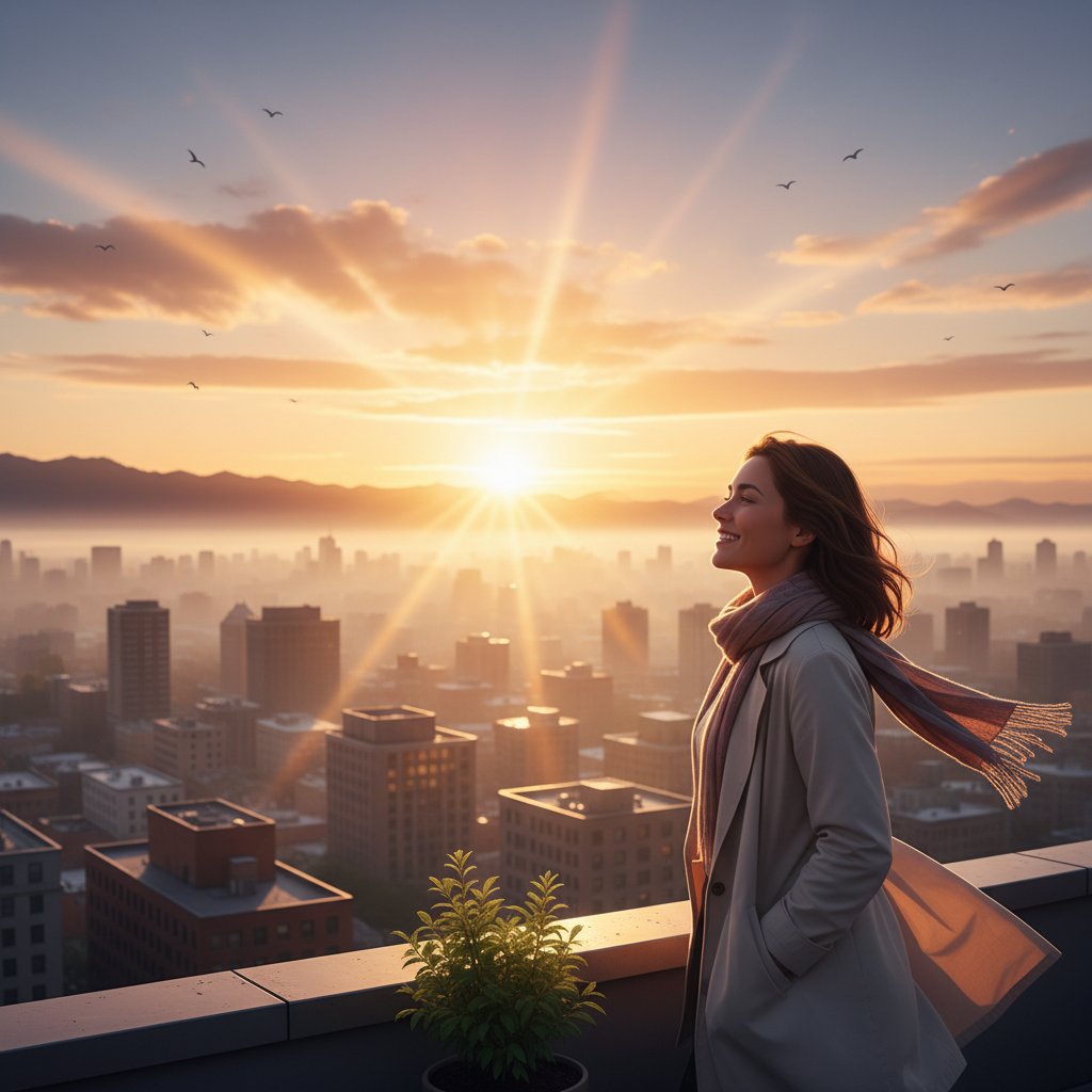 Osoba patrzy na wschód słońca nad miastem – nadzieja i nowy początek, motywacja do pokonania blokad emocjonalnych