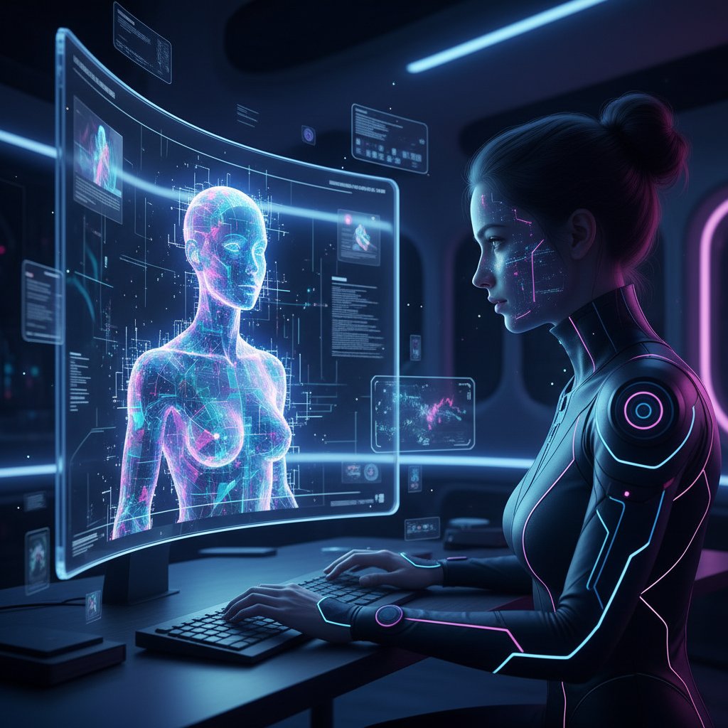 Osoba patrząca w ekran komputera, w którym odbija się jej własna twarz i cyfrowy awatar – symbol przyszłości relacji człowiek–AI