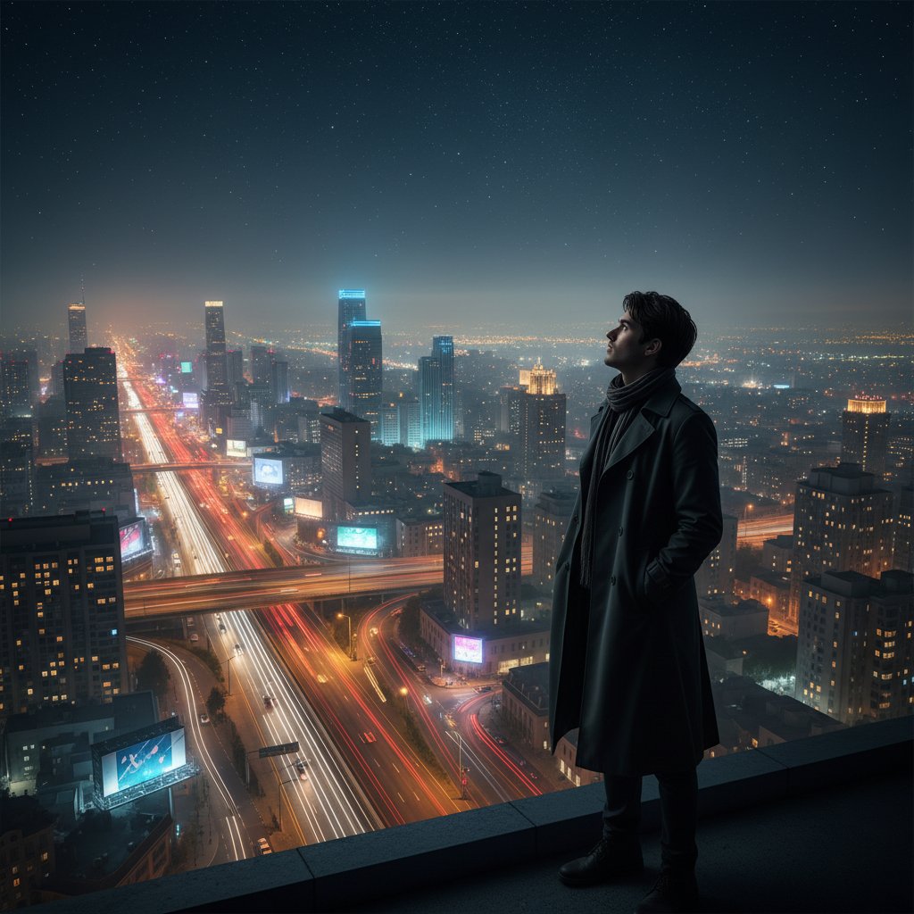 Osoba spoglądająca na nocną panoramę miasta, szuka znaczenia w neonowych światłach