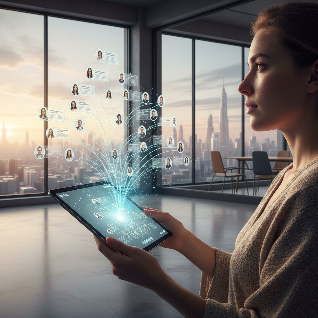 Osoba patrząca w przyszłość przy komputerze, z otwartym drzewem genealogicznym, symbolicznie zamykająca stary rozdział