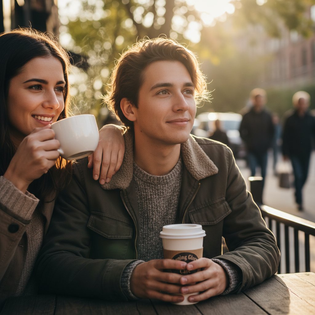 Osoba patrząca z nadzieją w przyszłość, siedząca z przyjacielem przy kawie