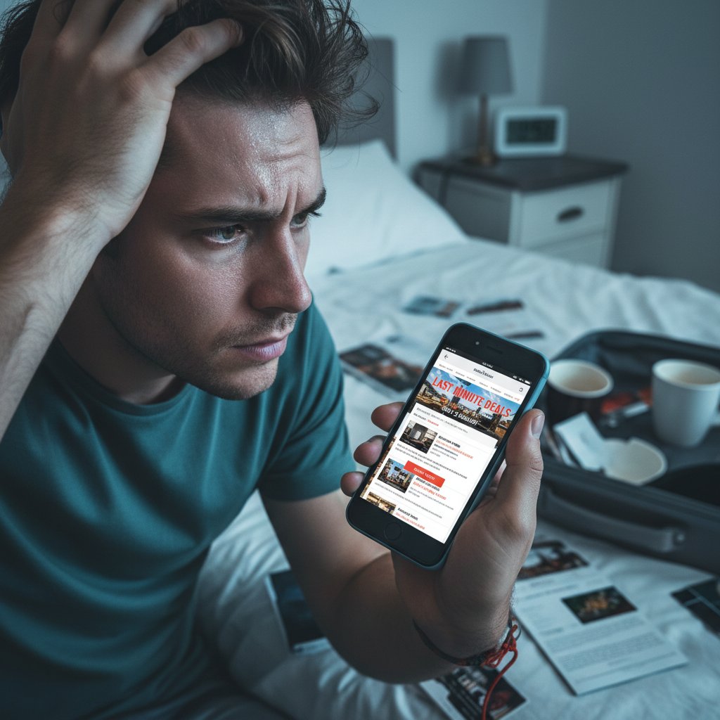 Osoba przeglądająca oferty hotelowe na smartfonie, stres last minute