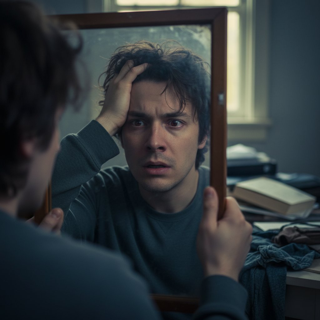Osoba patrząca w lustro z niepokojem, symbolizująca autoanalizę i niepewność