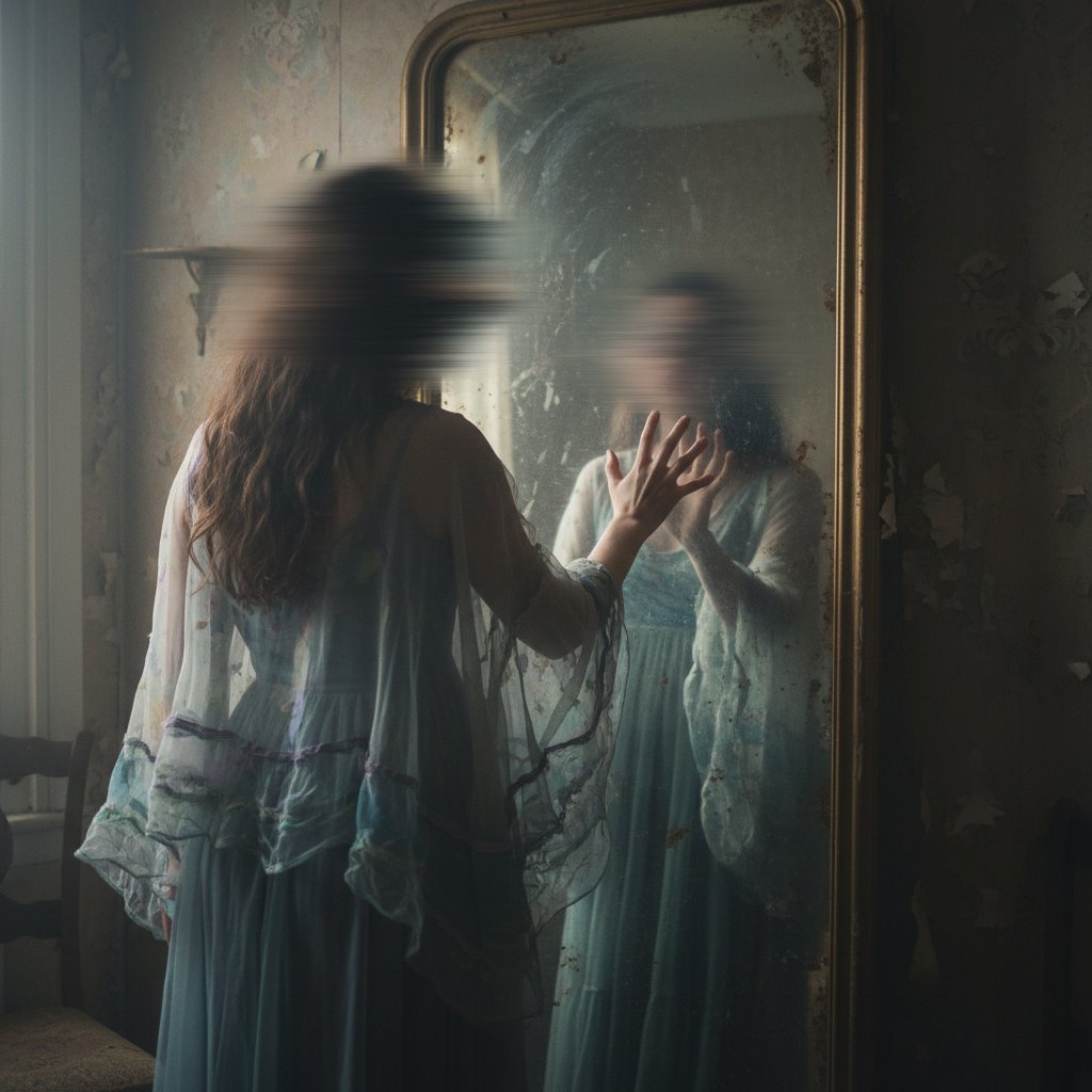 Osoba spoglądająca w lustro, rozmyte odbicie, symbol utraty tożsamości przez idealizację.