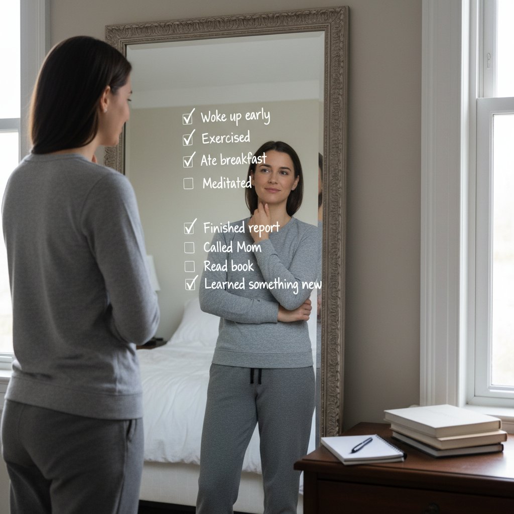 Zdjęcie osoby patrzącej w lustro z kartką checklisty w ręce, symbolizujące autorefleksję