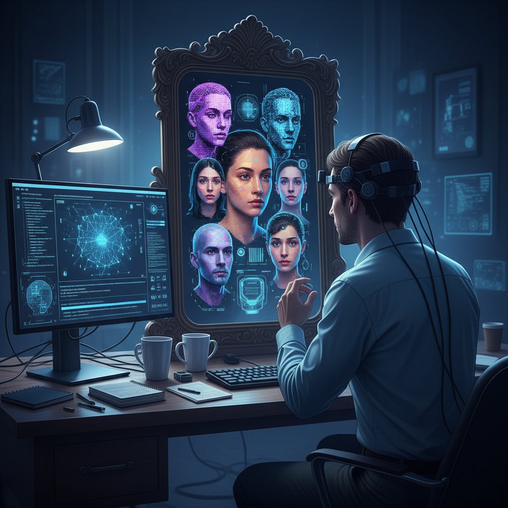 Osoba przeglądająca się w lustrze przy komputerze, symbolizująca eksperymentowanie z tożsamością online