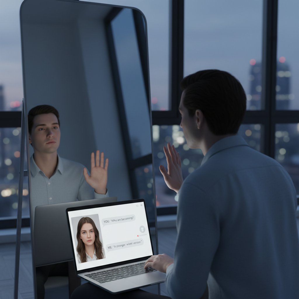 Person schaut in den Spiegel mit nachdenklichem Gesichtsausdruck, im Hintergrund Laptop mit Chatfenster – Visualisierung digitaler Selbstreflexion