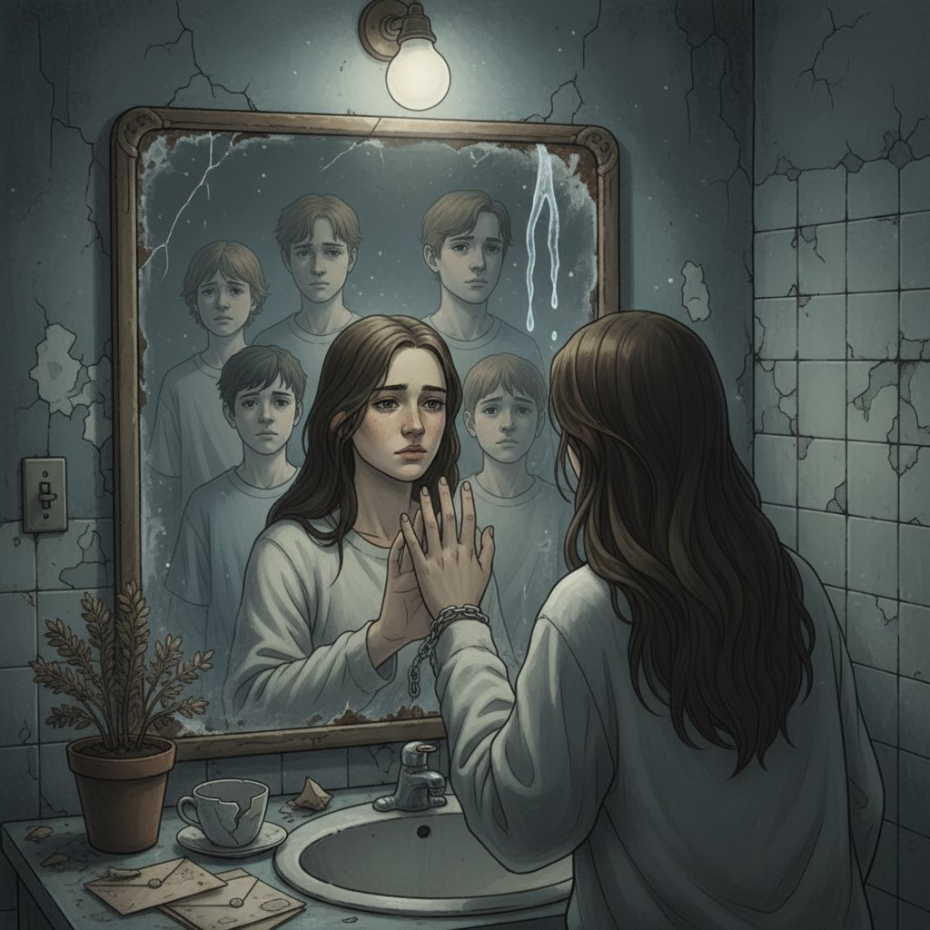 Osoba patrząca w lustro, wyraźna rezerwa, autoanaliza objawów zaniedbania emocjonalnego