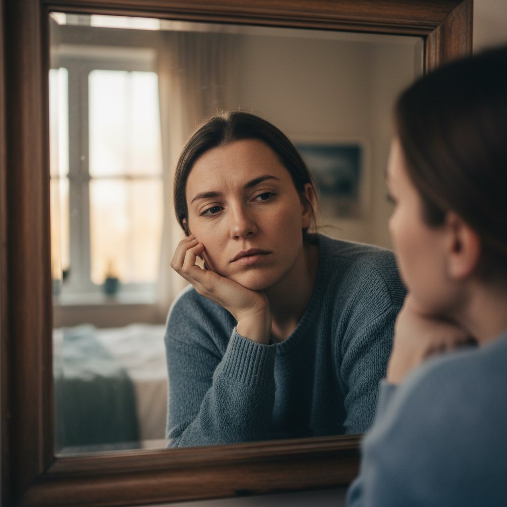 Samodiagnoza dominujących schematów – osoba patrząca w lustro, zamyślona