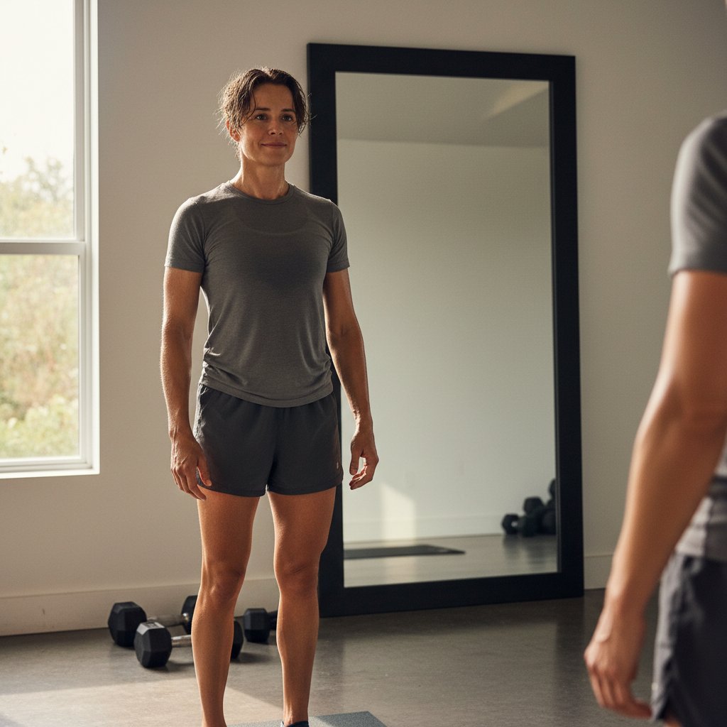 Osoba po treningu patrzy w lustro z dumą, autentyczna satysfakcja, fitness, rozwój osobisty