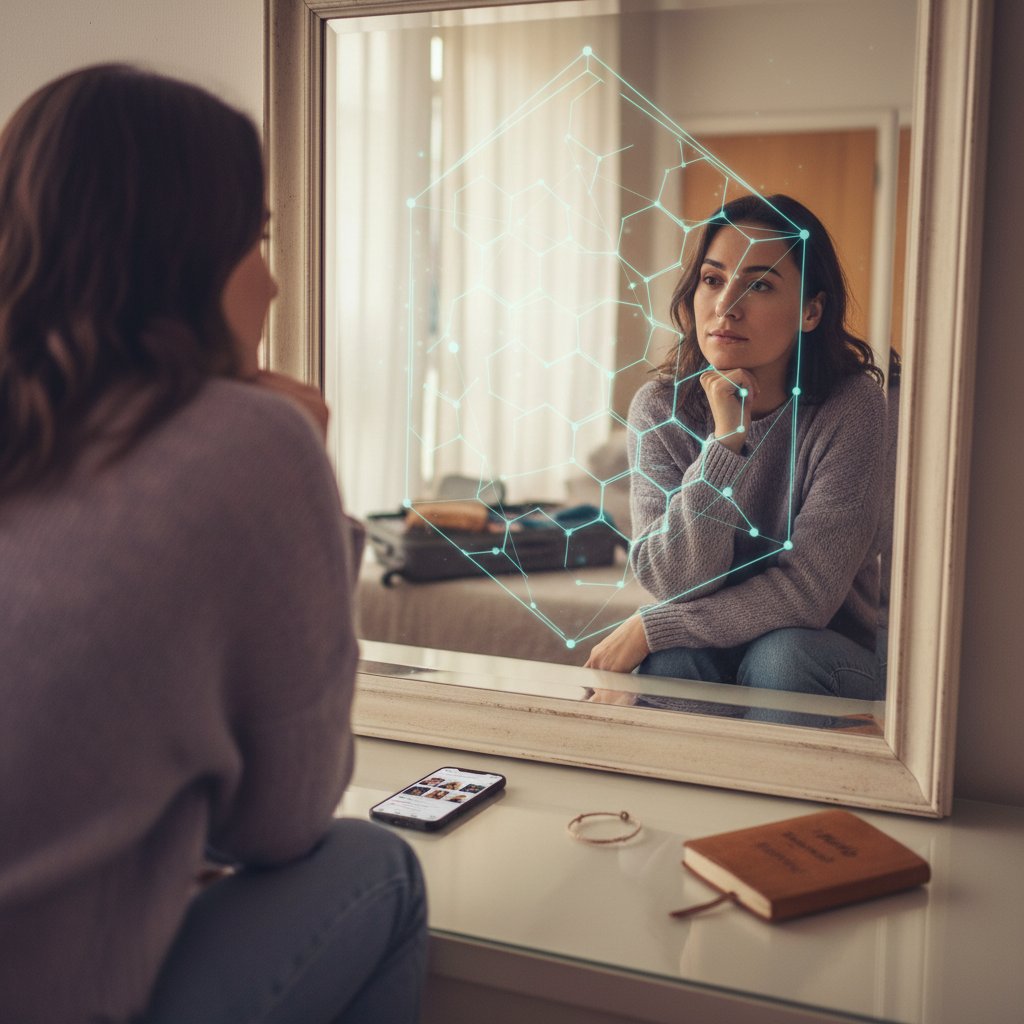 Osoba patrząca w lustro – refleksja nad własnymi granicami w randkach online bez zobowiązań