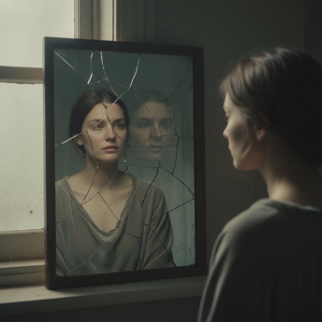 Osoba patrząca w pęknięte lustro – metafora autorefleksji i pracy z dawnym marzeniem
