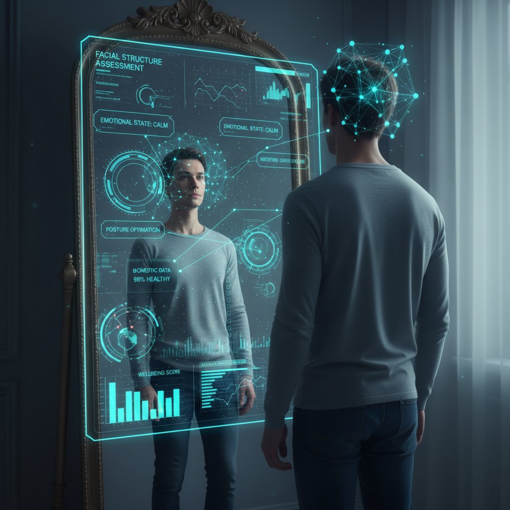 Osoba patrząca w lustro, AI analizująca odbicie