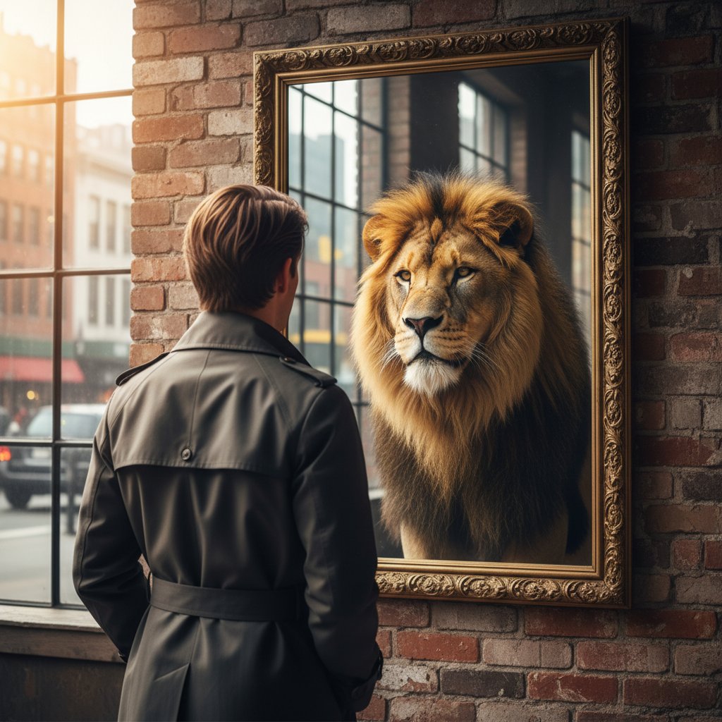 Osoba patrząca w lustro z odbiciem przypominającym zwierzę, miejskie światło dzienne