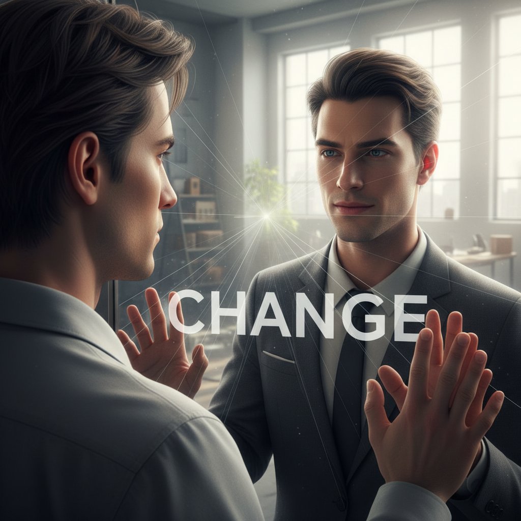 Osoba patrząca w lustro z determinacją, obrazująca gotowość do zmiany