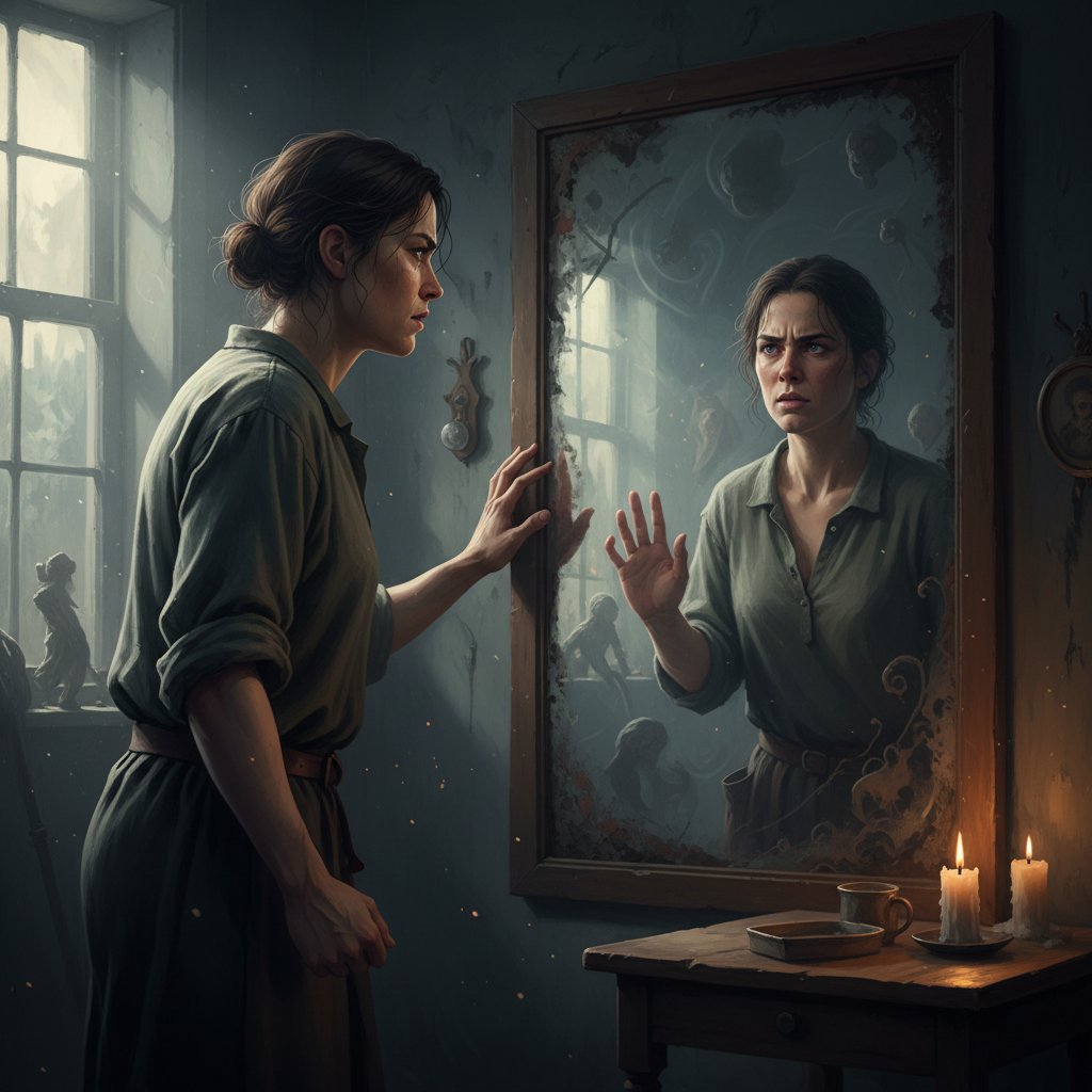 Osoba analizująca swoje objawy manii przed lustrem