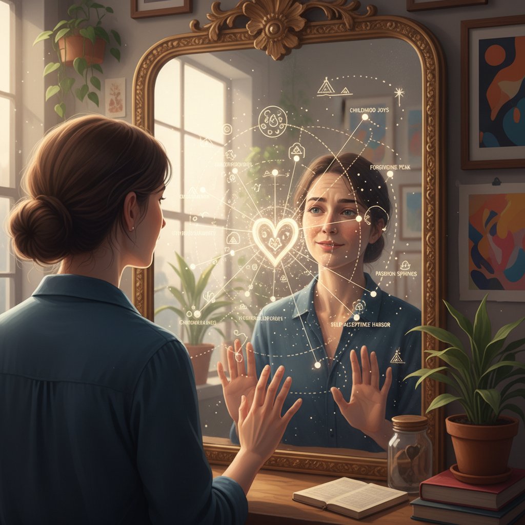 Zdjęcie osoby patrzącej w lustro, symbolizujące konfrontację ze swoją mapą miłości