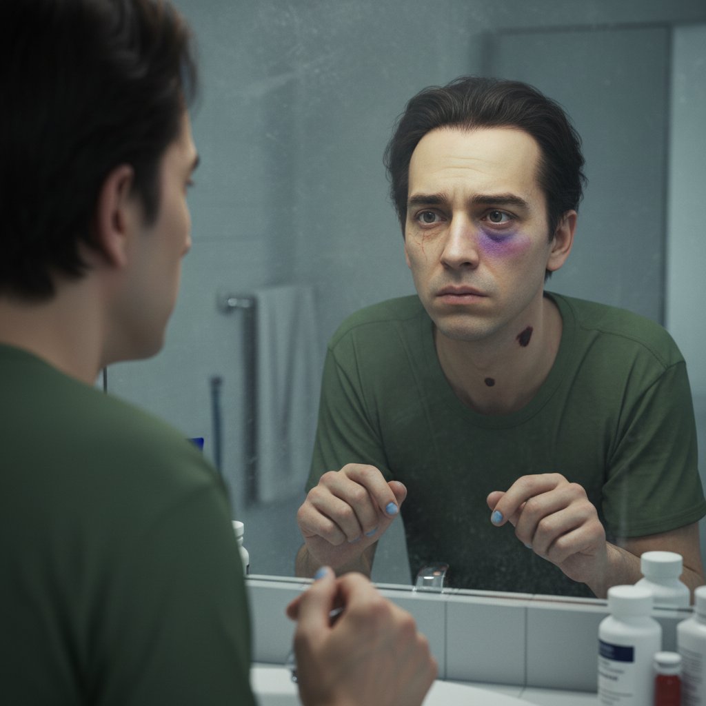 Realistyczna scena osoby patrzącej w lustro, dostrzegającej subtelne zmiany wyglądu