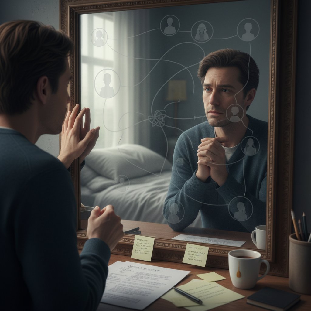 Osoba patrząca w lustro, zadumana mina, samoocena relacji interpersonalnych