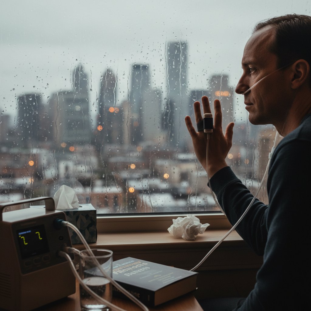 Osoba patrząca przez zaparowane okno, zamyślona, wyzwania psychiczne w zwłóknieniu płuc