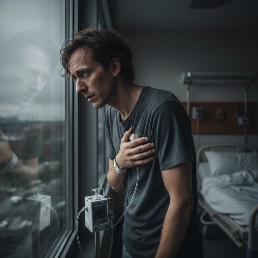 Osoba patrząca przez okno szpitala, wyraz niepokoju na twarzy, słowa kluczowe: odma opłucnowa, trauma, zdrowie psychiczne