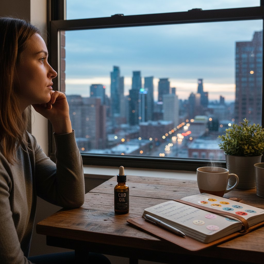 Osoba spokojnie patrząca w okno, z butelką CBD oleju i zeszytem do monitorowania nastroju