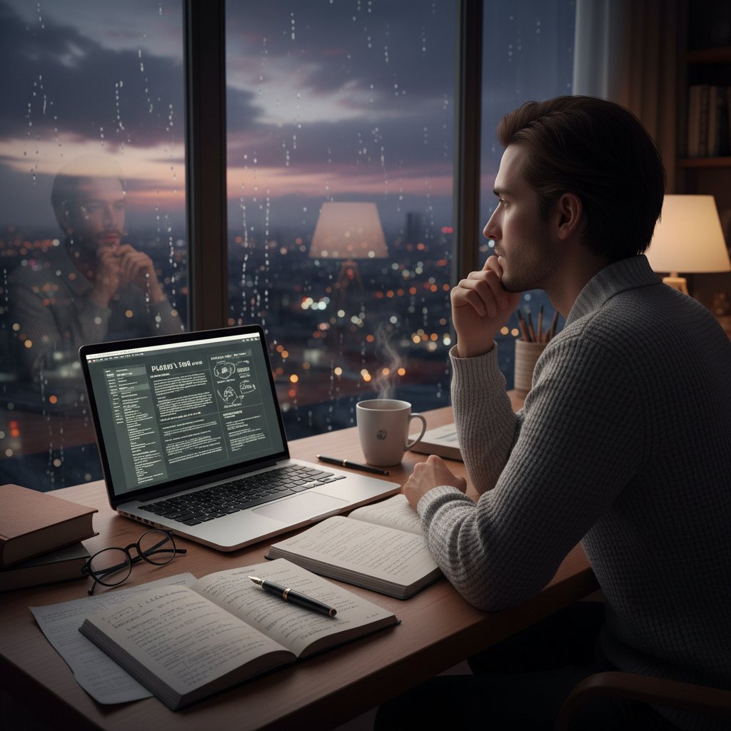 Osoba patrzy przez okno na miasto, wokół notatki filozoficzne i laptop