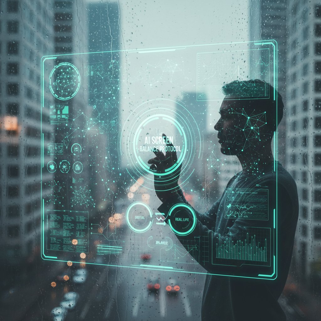 Osoba patrząca przez okno, w tle odbicie ekranu z AI, symbol równowagi między cyfrowym i realnym