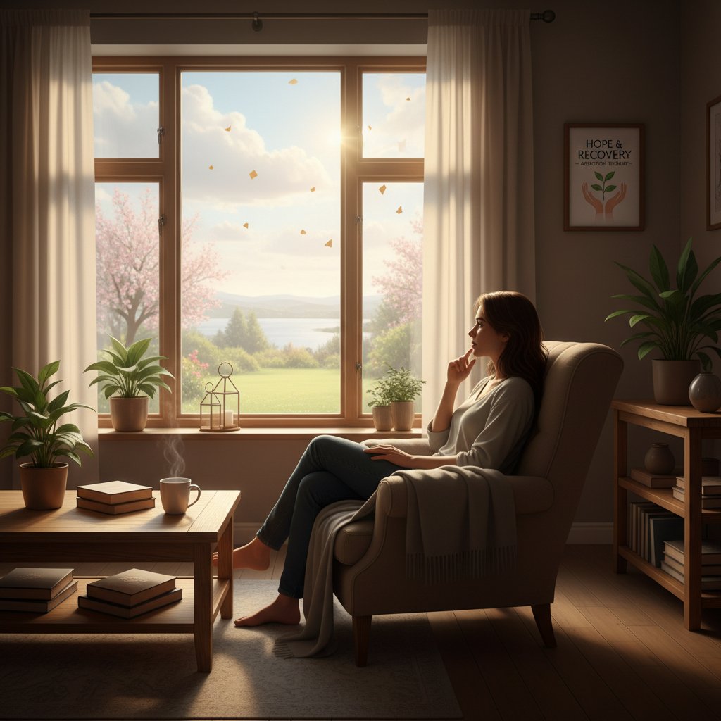 Osoba patrząca przez okno, promienie słońca, nadzieja i nowy początek po terapii uzależnień