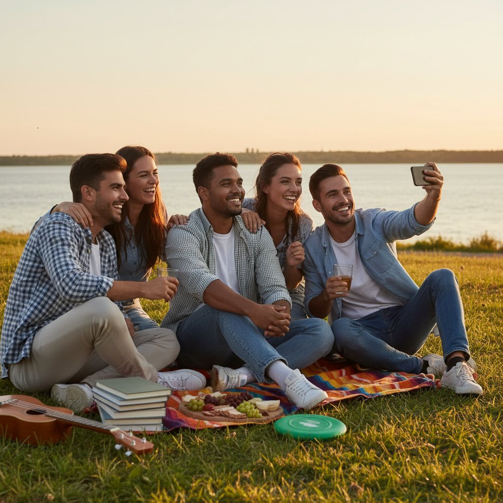 Osoba patrząca z satysfakcją na grupę bliskich – symbol udanych, opartych na równowadze relacji społecznych